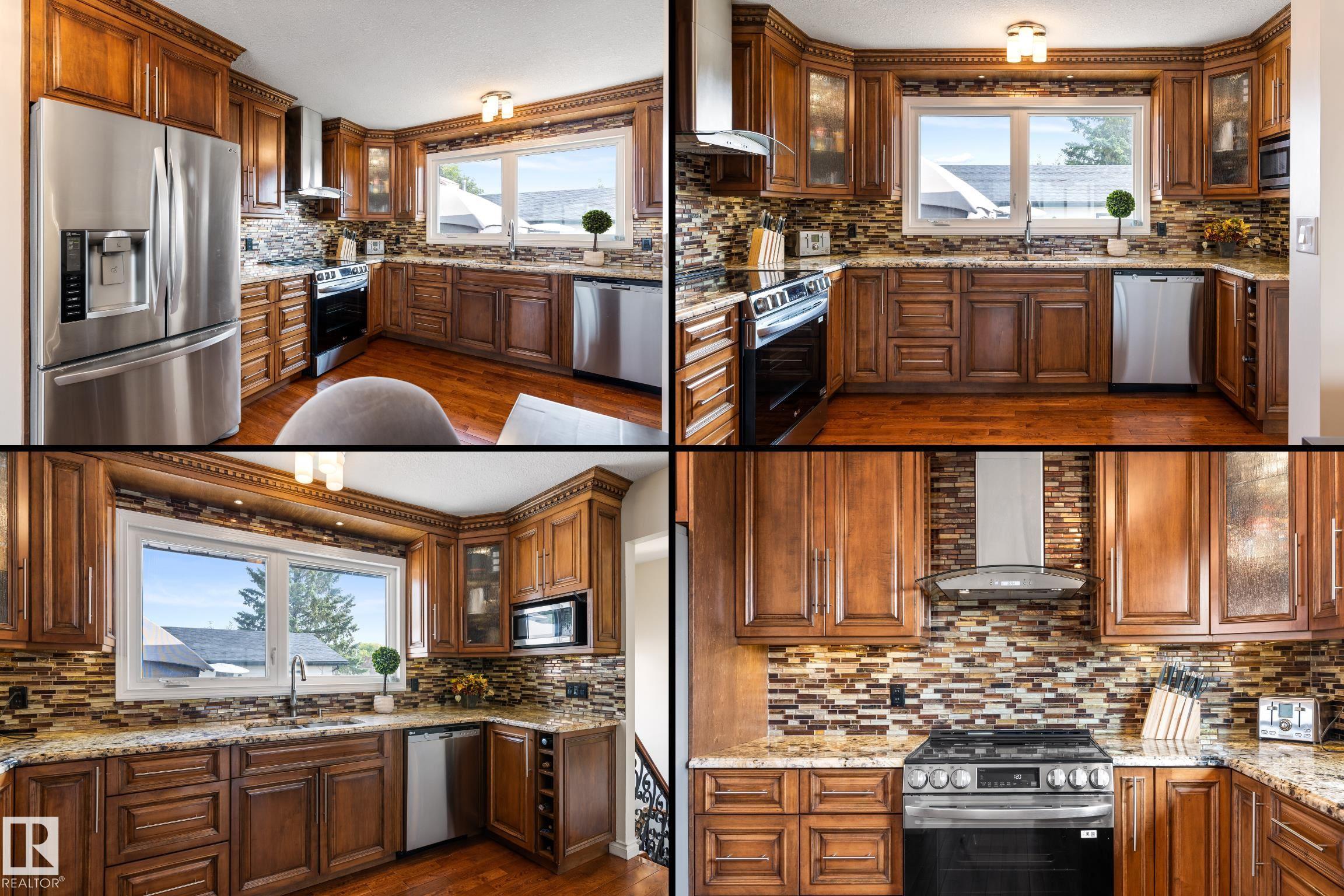 Beautifully updated in Homesteader! ~2,380 sq.ft. of finished living space (1,246 up + ~1,134 down). 3+1 bedrooms, 2 spa-style 3-pc baths with walk-in showers fully tiled to the ceiling. Showpiece kitchen: custom craftsman wood cabinetry to the ceiling with crown moulding, deep drawers, mosaic tile backsplash, granite counters, stainless steel appliances & chimney hood fan. Bright living/dining with bay window, hardwood, and a wood-burning fireplace. Lower level adds a second kitchen, large rec room & 4th bedroom. Big-ticket updates include shingles (house & garage), all windows, a newer furnace & HWT, exterior paint, updated interior/exterior doors, and newer lighting/plumbing fixtures. Outside: newer cedar fence & large concrete patio, plus an oversized heated, insulated & taped double-detached garage. Near schools with a 2-minute walk to Homesteader Elementary, parks & transit?turn-key and ready to enjoy!