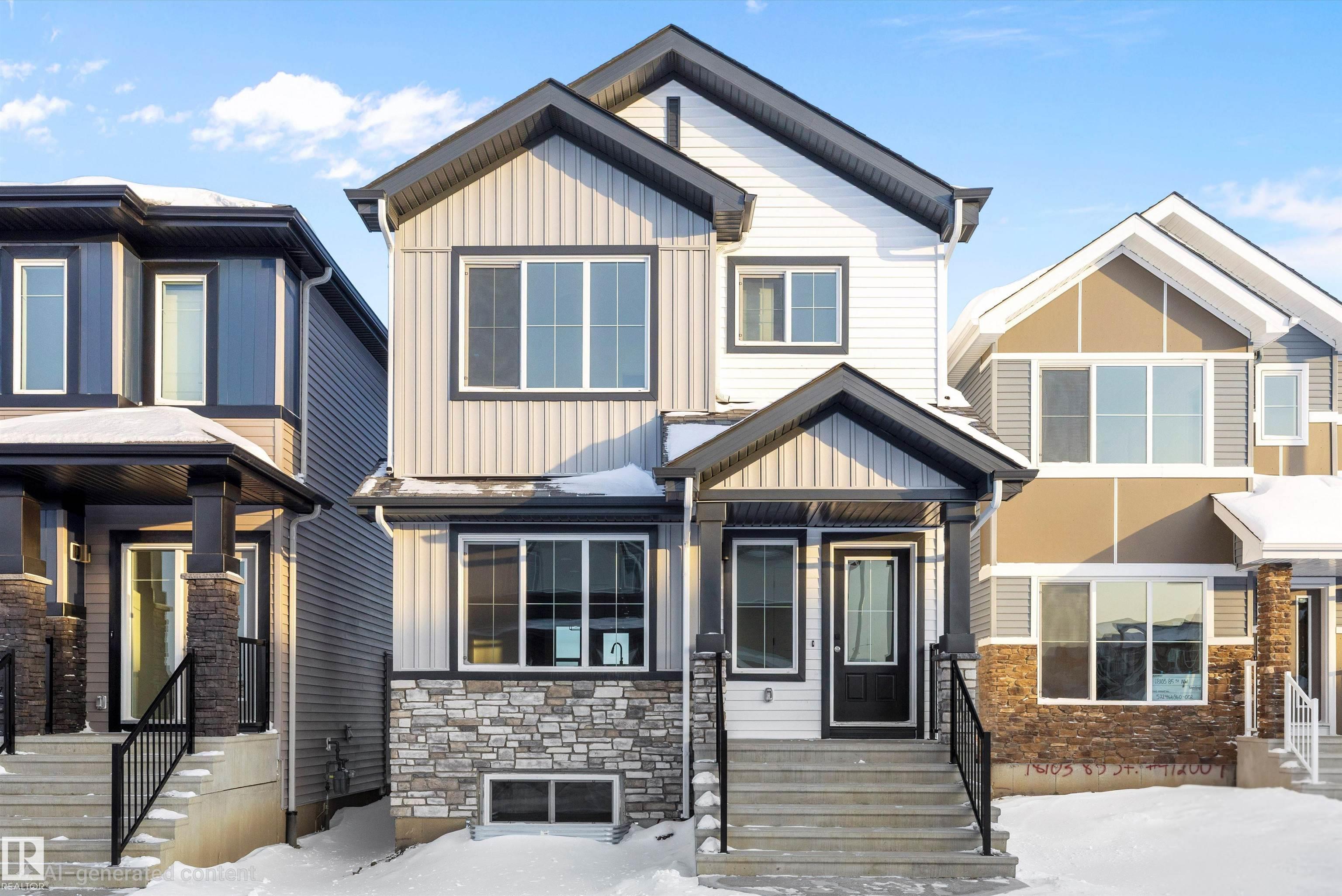 Welcome to the Sylvan by Sterling Homes, a smartly designed home with modern finishes and flexible living space. The main floor offers luxury vinyl plank flooring and 9? ceilings, starting with a welcoming foyer and coat closet that opens into a bright great room. The kitchen features quartz countertops, an island with flush eating ledge, Silgranit undermount sink, pendant lighting, over-the-range microwave, soft-close upgraded cabinetry, and a pantry near the stairs. At the rear, a sunlit nook overlooks the backyard and sits beside a main-floor bedroom and 3-piece bath with stand-up shower, plus a garden door for outdoor access. Upstairs includes a primary suite with walk-in closet and 3-piece ensuite with tub/shower combo, two additional bedrooms, a full bath, and a laundry closet. 9? ceilings on main and basement levels, a separate side entrance, black plumbing and lighting fixtures, basement rough-in, and a parking pad with option for a detached double garage complete this home.