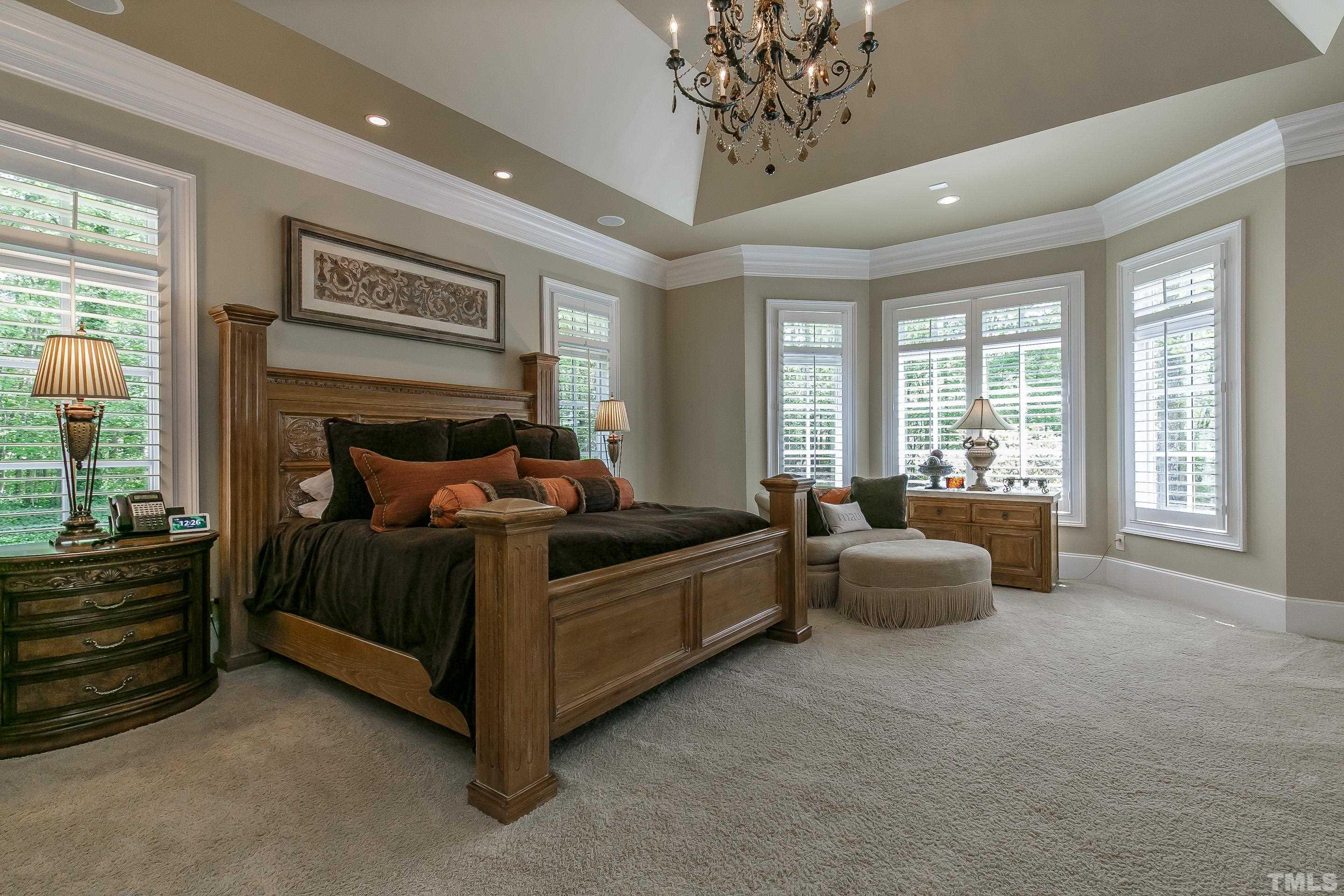 GRAND trey ceiling, heavy moldings, bay window, carpet and recessed lights in this ELEGANT master suite