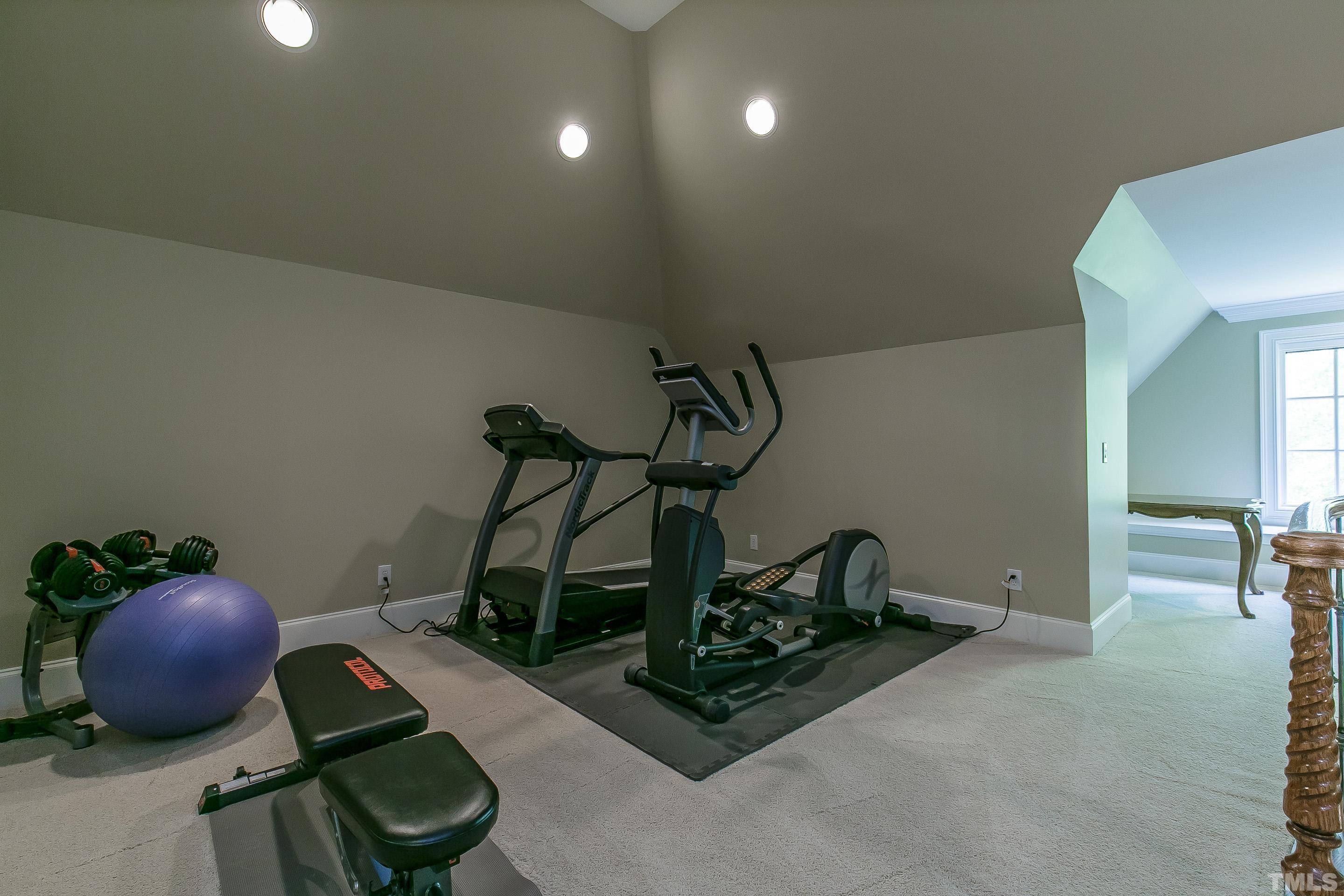 Exercise space with recessed lights and carpet