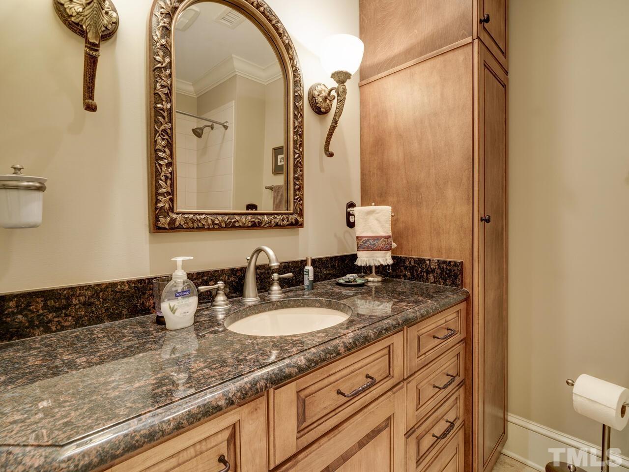 The Powder Room has a faux finish on the walls.